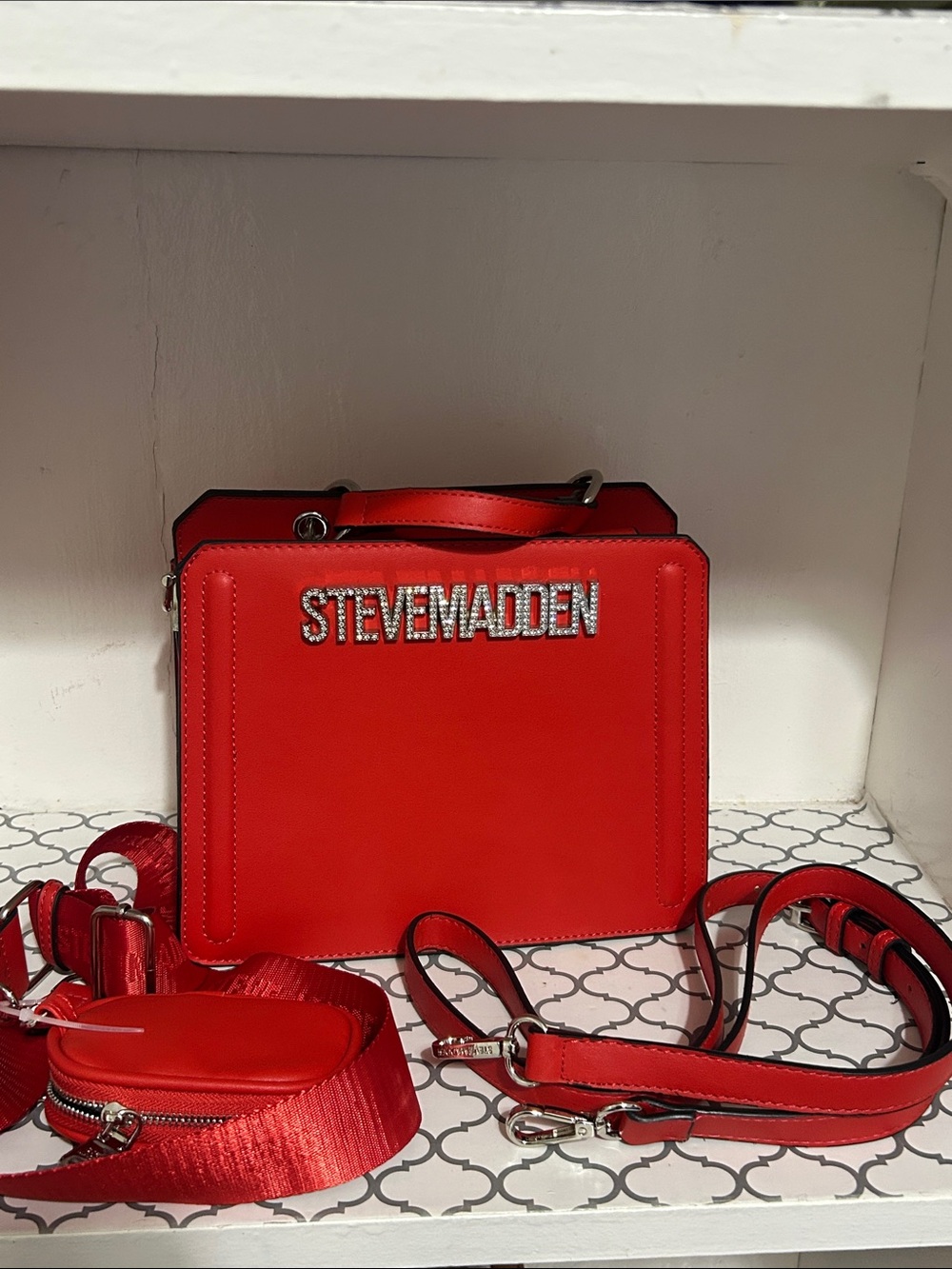 Steve Madden Red Jeweled Logo Structured Satchel with 2 straps - Picture 2 of 11